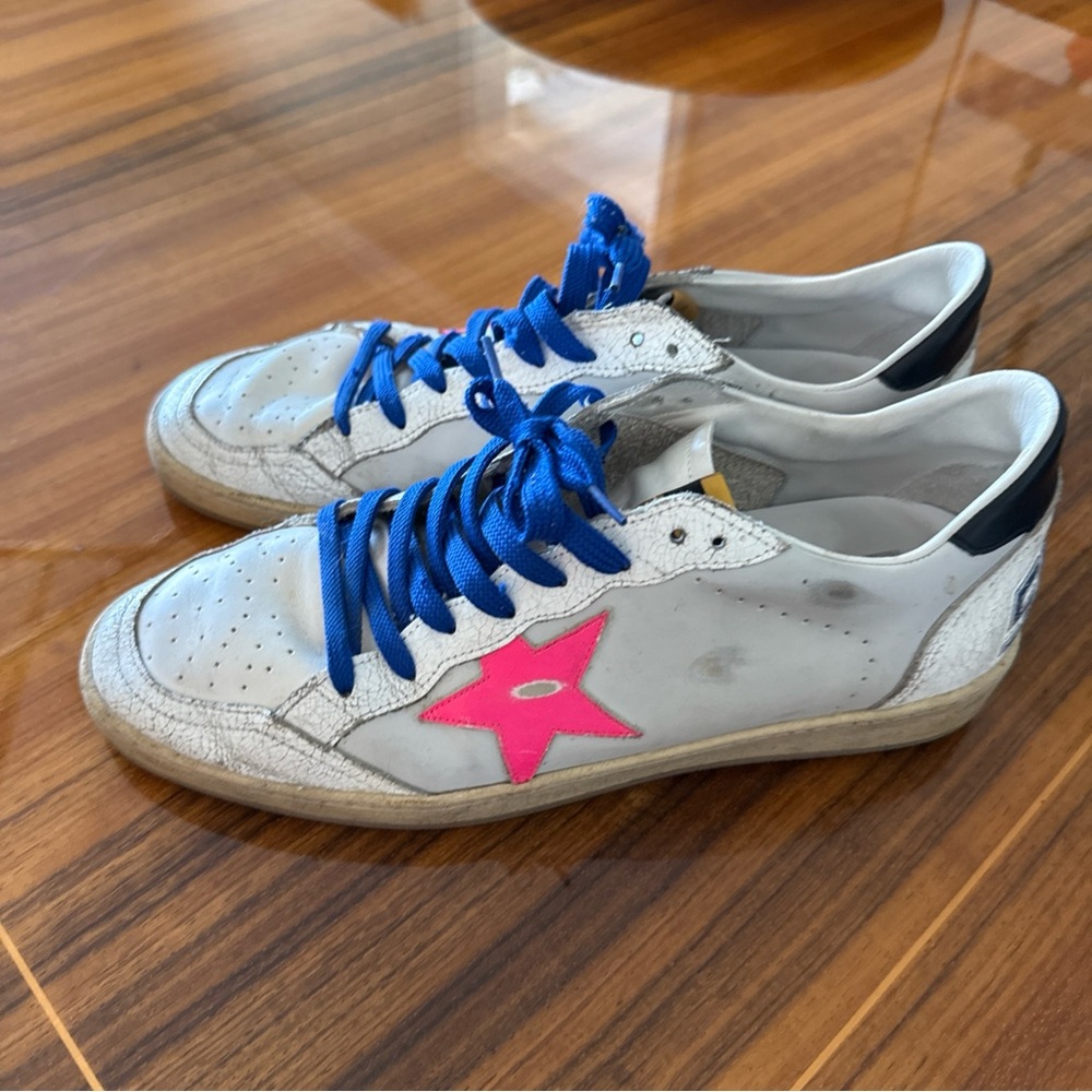 Golden Goose White Sneakers with Pink Star and Blue Laces (Low-Top) Ballstar